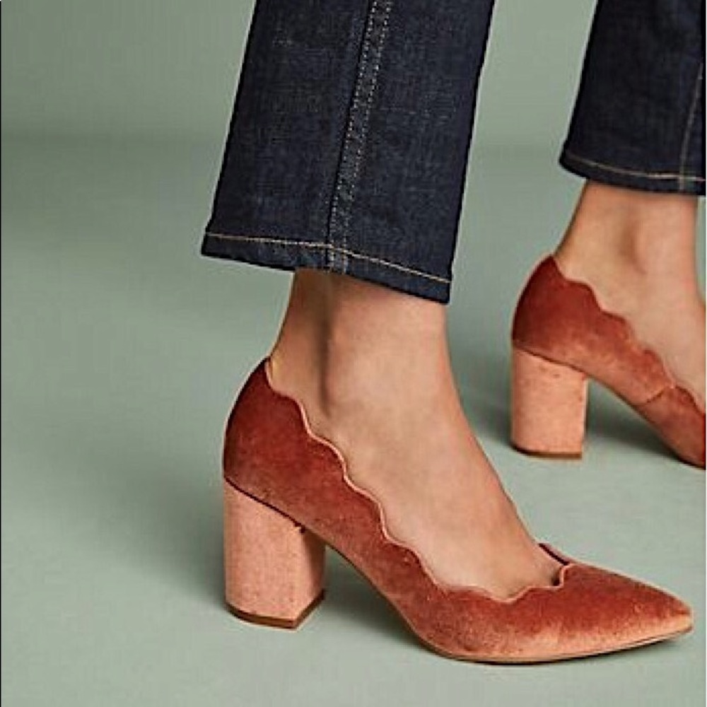 Anthropologie Scalloped Velvet Heels